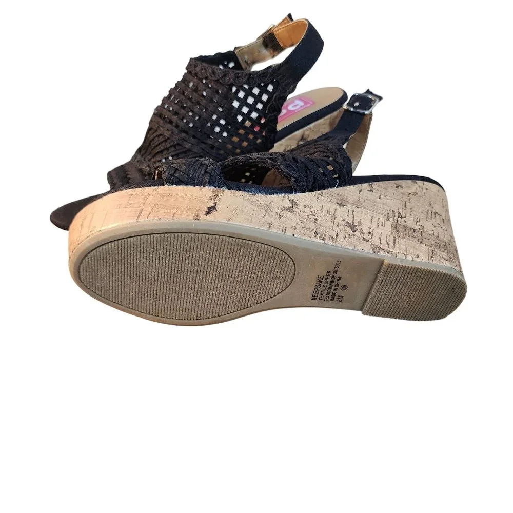Womens Black Wedge Sandals Cork‎ Heel Woven Braided Open Toe